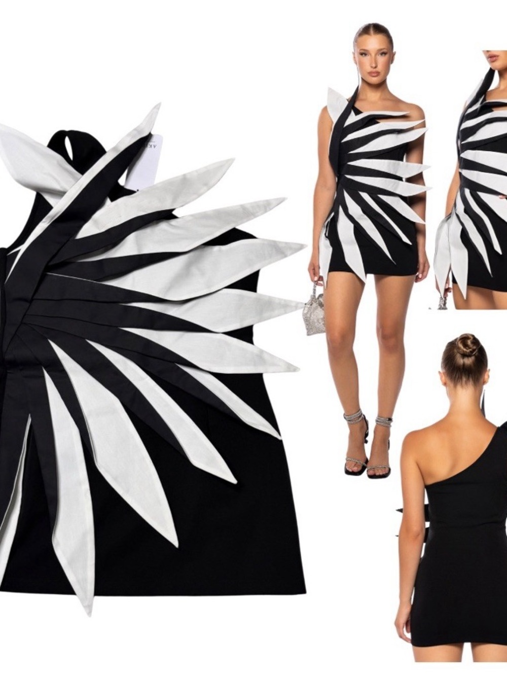 Akira Sold OutBlack & White One-Shoulder Mini Dress with Sculptural Petal Detail